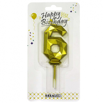 Купить Свеча-цифра в торт «6» золотая граненая 6 см оптом